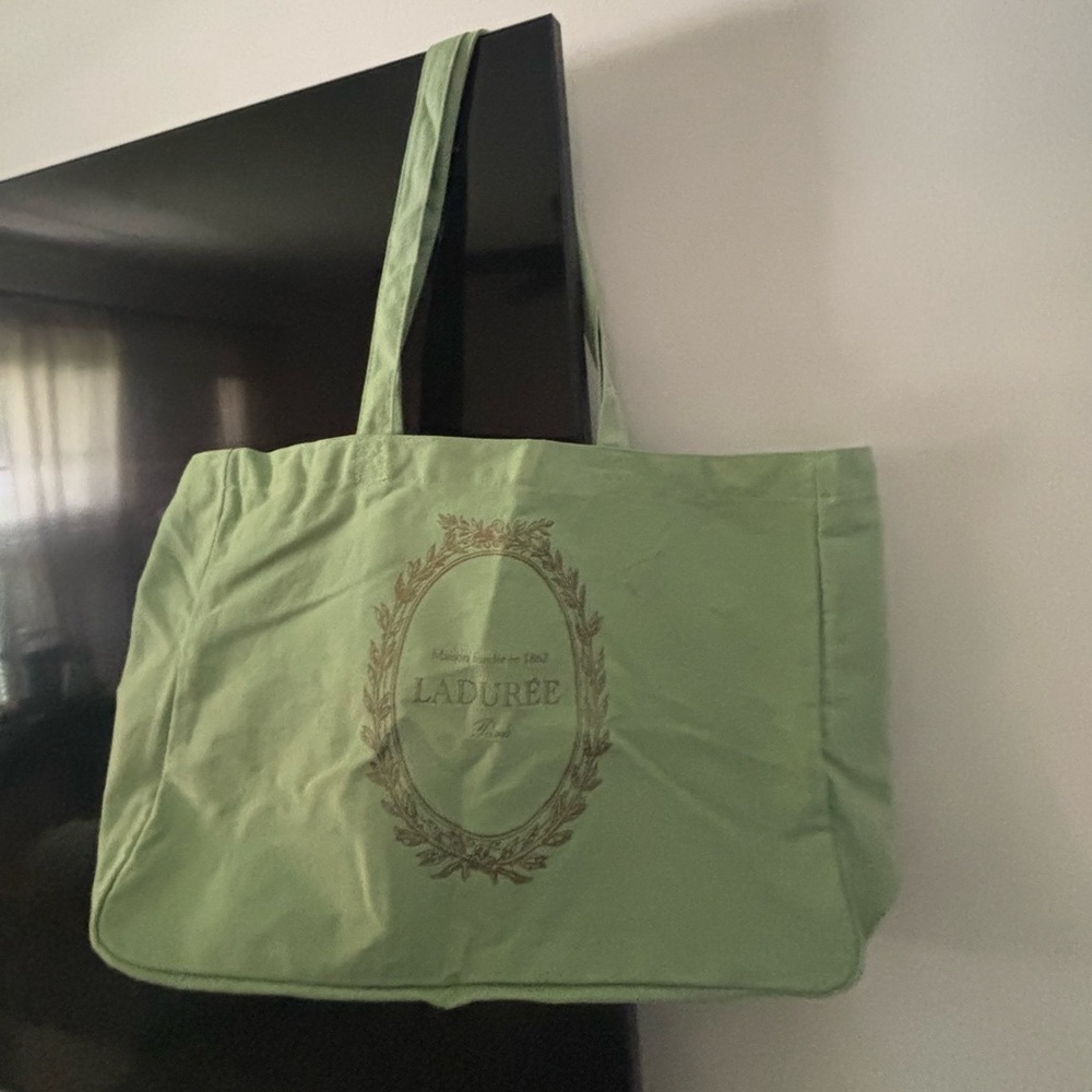 Laduree Green Gusseted Tote Bag French Made Shopping Bag Canvas Cotton Paris